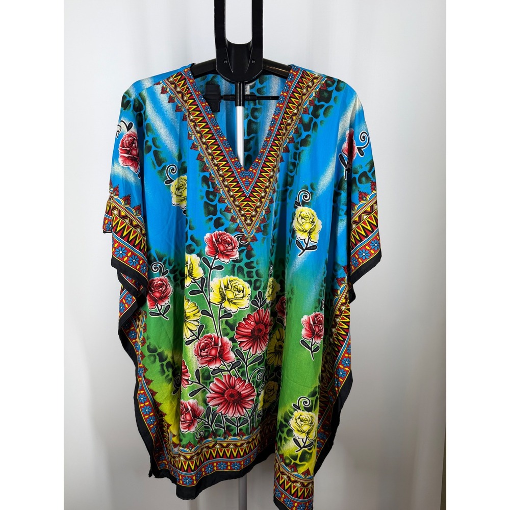 Winlar Women Kaftan Top One Size Blue Green Floral Animal Print‎ V-Neck